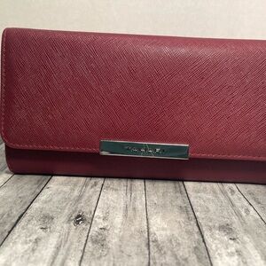 Tahari Burgundy Textured Flap Clutch with Metal Logo Plate